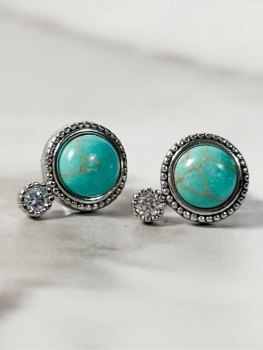 Sterling Silver Turquoise Mini Stud Earrings Beaded Halo Western Minimalist 925 - Picture 2 of 5